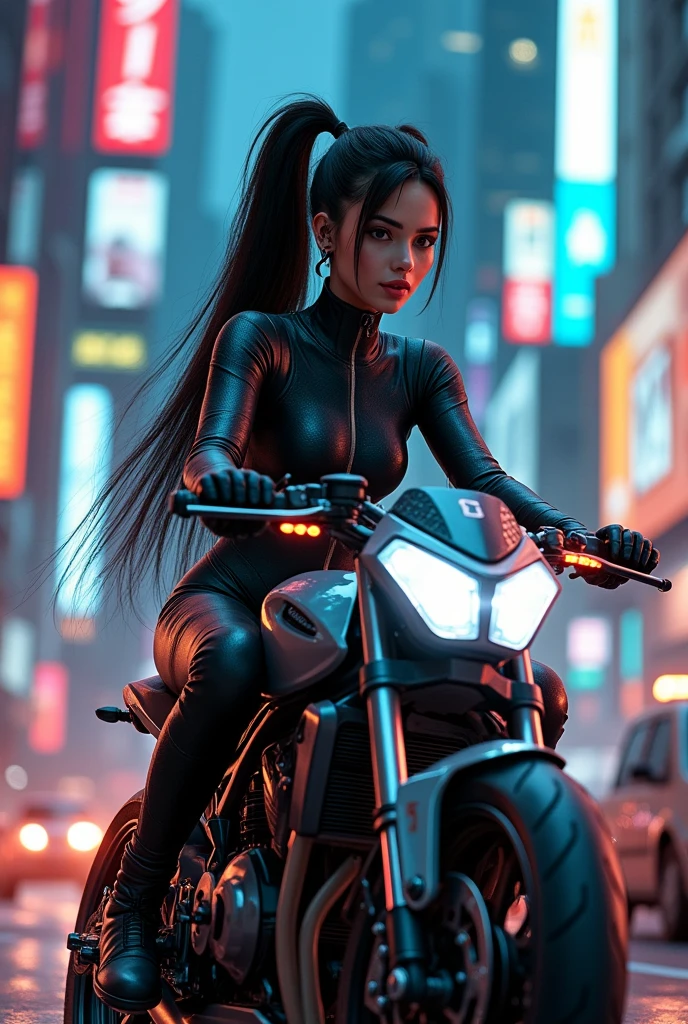 ultra realistic, photographym (masterpiece), (best quality), extremely delicate and beautiful, long black straight hair, elegant hair, (30 years old, hazel eyes, hourglass figure, perfect fit body, natural big breasts), ((perfect female figure)), rider girl, bodysuit, twintails, cyberpunk city background, helmet, riding a futuristic motorbike, european woman, she is driving fast in tight traffic, action shot, cinematic shot