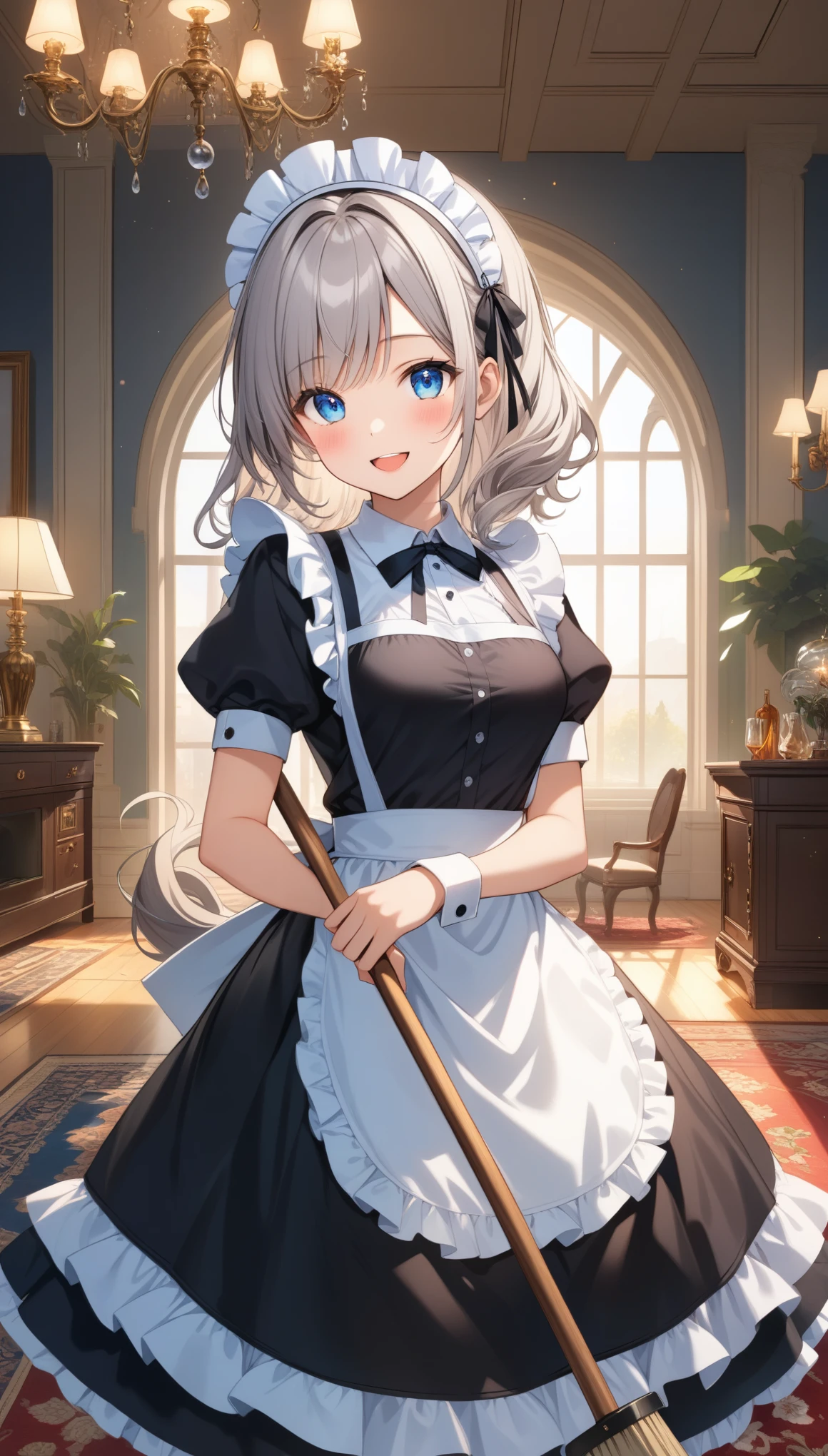 1girl, solo, long hair, breasts, looking at viewer, blush, smile, open mouth, bangs, blue eyes, dress, ribbon, holding, medium breasts, short sleeves, :d, grey hair, frills, puffy sleeves, indoors, apron, black dress, puffy short sleeves, wrist cuffs, maid, maid headdress, window, animal, wavy hair, frilled dress, white apron, maid apron, broom, dog, skirt hold, holding broom, carpet, chandelier, fireplace, ((32k)), ((best quality)), ((ultra high res)), ((HDR)), ((UHD)), ((extremely detailed CG)), ((unity 32k wallpaper)), 