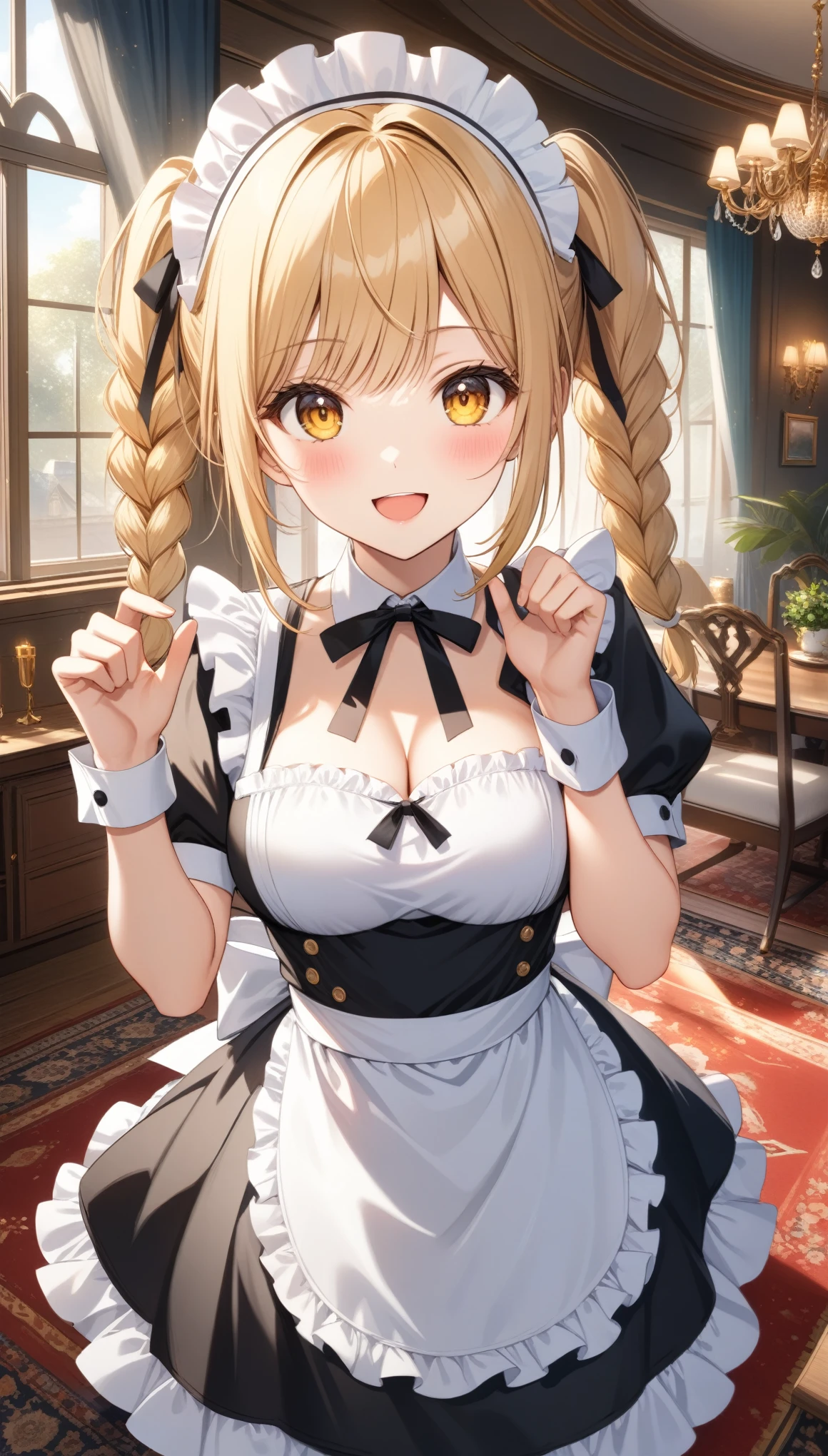 1girl, solo, long hair, breasts, looking at viewer, blush, smile, open mouth, bangs, blonde hair, dress, ribbon, cleavage, twintails, medium breasts, standing, yellow eyes, braid, short sleeves, :d, cowboy shot, frills, puffy sleeves, indoors, apron, black dress, twin braids, puffy short sleeves, wrist cuffs, maid, hands up, maid headdress, window, neck ribbon, frilled dress, waist apron, white apron, maid apron, frilled apron, claw pose, carpet, chandelier, ((32k)), ((best quality)), ((ultra high res)), ((HDR)), ((UHD)), ((extremely detailed CG)), ((unity 32k wallpaper)), 