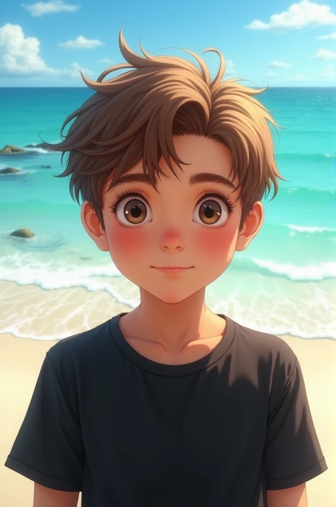A boy with brown hair in black shirt in beach with beautiful view