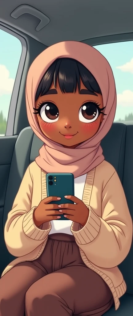 Cartoon with text: 
(masterpiece, best quality, 4k, expressive eyes, perfect face, 2d style, flat style, hand drawn, perfect Illustration), Cute and adorable face, black girl, big detailed eyes,, Cute little cartoon girl, makeup, with brown hijab on, bangs, brown Hijab, wearing oversized beige cardigan, white shirt, brown skirt, brown socks, sneakers, sitting inside a car, using her phone 