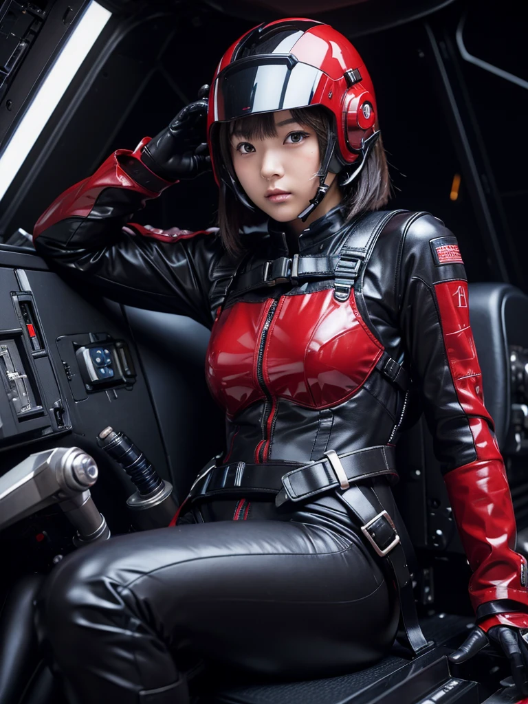 masterpiece, Highest quality, Very detailed, Japanese Android girl, Beautiful 2 Japanese woman, Plump,Slightly thicker,Control panel,Android,cyborg,Blunt bangs,Sitting in the cockpit and piloting,black and red bodysuit,Thick harness belt,Full-face helmet