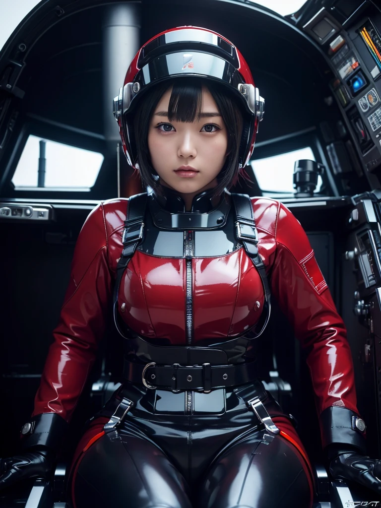 masterpiece, Highest quality, Very detailed, Japanese Android girl, Beautiful 2 Japanese woman, Plump,Slightly thicker,Control panel,Android,cyborg,Blunt bangs,Sitting in the cockpit and piloting,black and red bodysuit,Thick harness belt,Full-face helmet