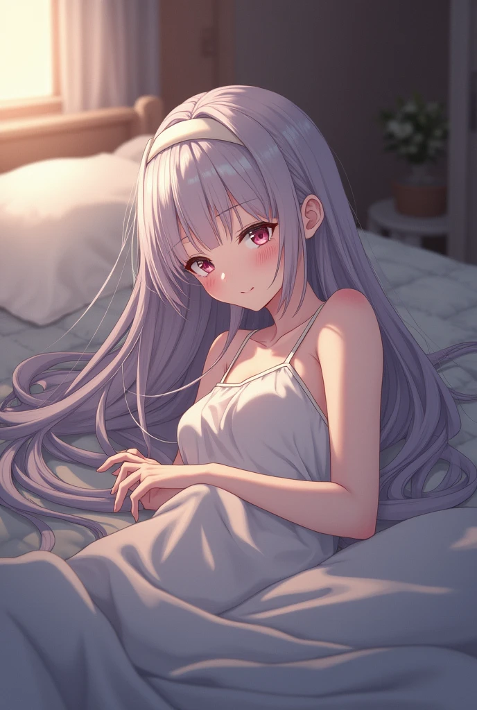 score_9, score_8_up, score_7_up, indoors, bedroom, bed, 
BREAK
source_anime, (osiimi, aztodio:0.5), (niliu chahui:0.35), (asura \(asurauser\):0.2), 
BREAK
(1girl, solo, solo focus), fireflycus, grey hair, long hair, hair ornament, hairband, 
blush, shy, on side, lying, light smile, closed mouth, 
from below, 
looking at viewer, without clothes
 
