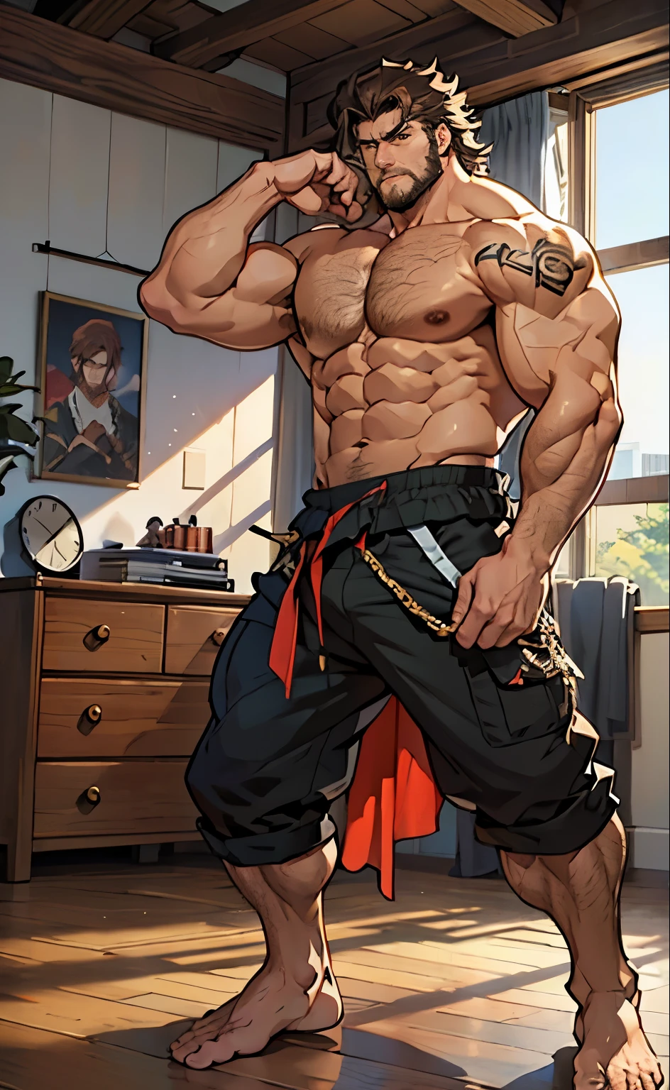 (barefoot),(barefoot),Mature,(Long legs covered with long, Thick leg hair),Bigfoot,(whole body),(Long legs hair),( Arm tattoo),(Thick body hair),(He was wearing baggy shorts,He showed his slender, muscular, Hairy legs),(Very prominent crotch),(Very large),Interior background with vintage furniture and retro wooden floor,Surrounded by Kropodia),(For the audience) ,(Put his hands on his waist), (Pay attention to your audience) ,(There is a huge bulge in the area),sideways,Sharp eyes,(Thick dark brown hair growing from the hips),Broad shoulders,Muscles protrude a lot,Crotch bulge,(Long legs),Highest image quality,Japanese cartoons ,Anime Wallpaper,Chest muscle expansion,Spread your legs,Sexy,(main part, best quality),((Exaggerated muscle bulge)),The protagonist is tall,His head almost hit the ceiling...,There is a dense forest outside the window,muscular且体格魁梧, muscular characters, Super charming and cool, tall and muscular, muscular!!, Very strong, muscular attractive men, Huge muscles, Big muscles, Muscle Man, Anime handsome man, muscular!, Huge muscles, muscular bodies, muscular character,(The house is low),(I nearly hit my head on the roof.),(Long legs covered with long, Thick leg hair)