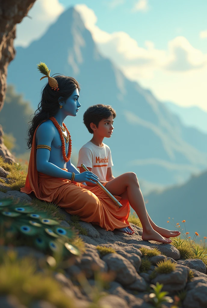 create a 3d image of 20 year old Indian devotional boy who is sitting next to cute krishna ji and Krishna ji playing the flute, they both sit together on the mountain,boy wearing T-shirt Name “MANISH” written on it, heaven like beautiful view background, peacock dancing,realistic image and boy is in barefoot
