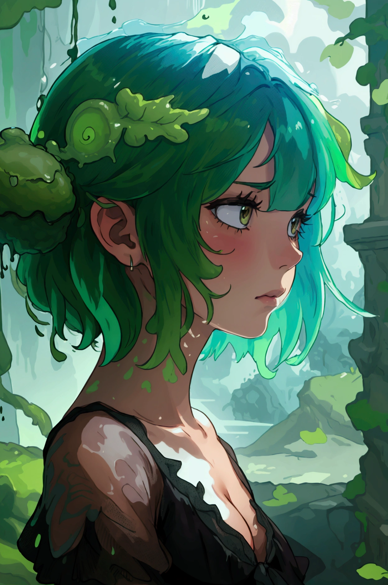 adult green skin slime, with brown eyes, semi blue and semi green hair, with black dress