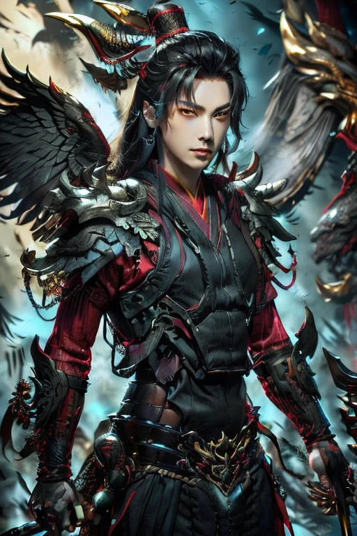 Handsome young xianxia protagonist,man,guy,long black obsidian hair, use floating phoenix crown,Crimson red eyes ,eyes focus detailed((no noice)),(((no noice))),and long black hair ,(no noice)),use armour featuring like pattern on taotie chinese divine beast((search image for taotie chinese beastiary))with black dominant color,pauldron protective shape like dragon head,breastplate featuring like Tao tie,breastplate detailed featuring taotie shape,shoulder protective dragon shape like taotie,sun and moon background, black dominant color,black dominant color, black dominant color armour,with majestic silver line , ((no noice))And demonic red wings at back,wings at back,terrifying aura around,24K ultra hd,face and eyes detail,lips and face detail,masterpiece ,better quality,ultraa realistic face((no noice)),good face proportion,non noice face,reality face,eyes detailed,((perfect face)),perfect eyes ,perfect lips proportion((balance lips)),perfect face proportion,((balance proportion of face)),((balance and perfect left and right eyes proportion)),((masterpiece))