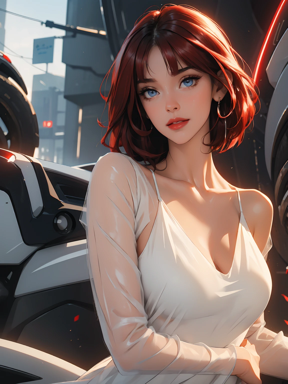 1girl,a beautiful fashion model ,(masterpiece, detailed background, best quality),short and shiny hair, red hair, hair with highlights, bangs, smirk,juicy lips,red lips, calmart, lingerie, stripping, elegant makeup, blue eyes, full body shot, (shiny skin), cyberpunk, sci fi, boa, extravagant jewelry, cocky expression, covered in jewelry, fancy, see through white dress, shiny skin, wet skin. running hand through hair, sexy pose