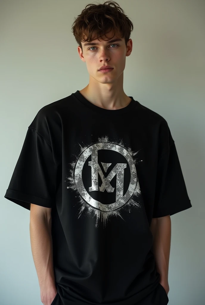 Fully facing the viewer is a fashion editorial style boy wearing an oversized black t-shirt featuring a distressed, large-scale logo with intricate details, inspired by the high fashion of Hugo Boss and the gritty aesthetics of Cardenal. High fashion, streetwear, 3D oversized t-shirt mockup.