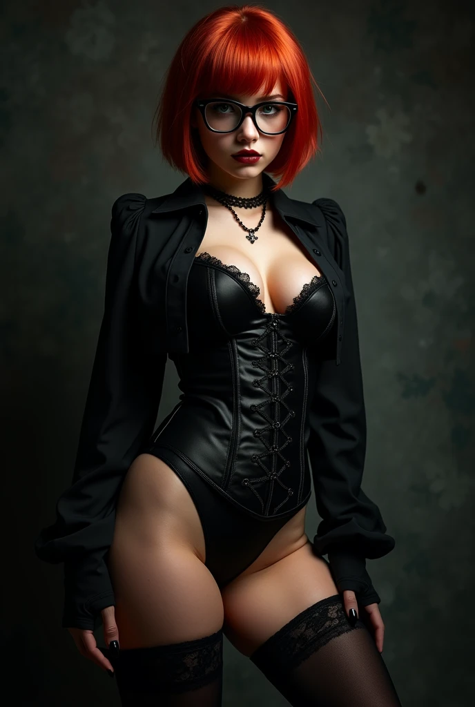 Teenage gothic woman with short red hair wearing glasses and wearing a corset and a short black blouse with low cut black tights and a thin thong with a curved waist and big thighs and a big butt 