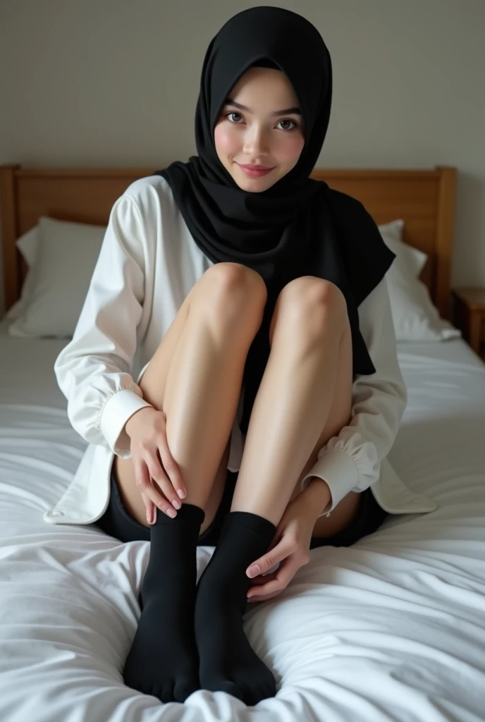 Best quality, masterpiece, ultra high resolution (photorealistic: 1.4), raw photo, 1 girl, European, cute and adorable girl, black hijab, age girl, (wearing a white shirt, black shorts), ((putting on black socks, in bedroom)), full body view, perfect legs, beautiful legs
