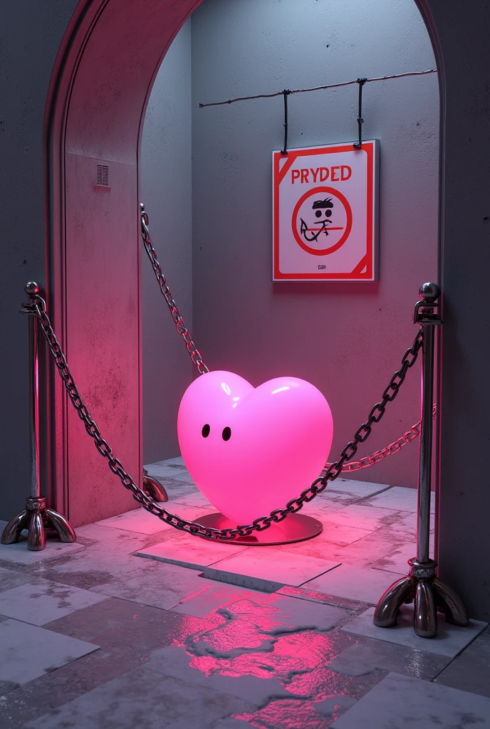 chained off, with a sign saying no entry, inside lies a frightened pink heart-shaped mark, conceptual installation art, (ultra detailed, absolutely resolution, best quality:1.3), 2.5D, delicate and dynamic effects, artistic, hyper, graphic CG digital art, (anime manga cartoon illustration)-style