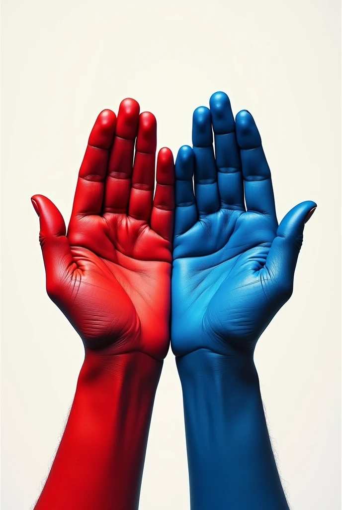 Hands painted in red and blue representing the yin and yang symbol 