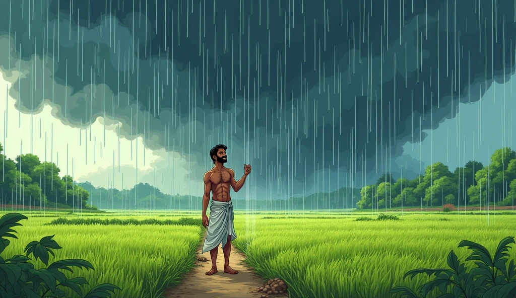 . A Sudden Rain Over Dhruv’s Field
Description: A comic-style image where dark clouds have gathered over Dhruv’s field, and it begins to rain. Dhruv stands in the middle of his field, looking up with a serene smile. His white dhoti and brown kurta are getting drenched as he holds out his hands to feel the rain