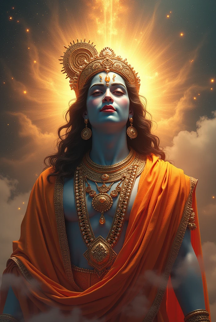 (best quality,4k,8k,highres,masterpiece:1.2),ultra-detailed,(realistic,photorealistic,photo-realistic:1.37),divine Lord Shri Krishna,divine form,divine lights,intricate details,radiant glow,ornate jewelry,intricate robes,bejeweled crown,serene expression,dramatic lighting,glowing aura,celestial background,heavenly atmosphere,mystical energy,spiritual essence,cultural iconography