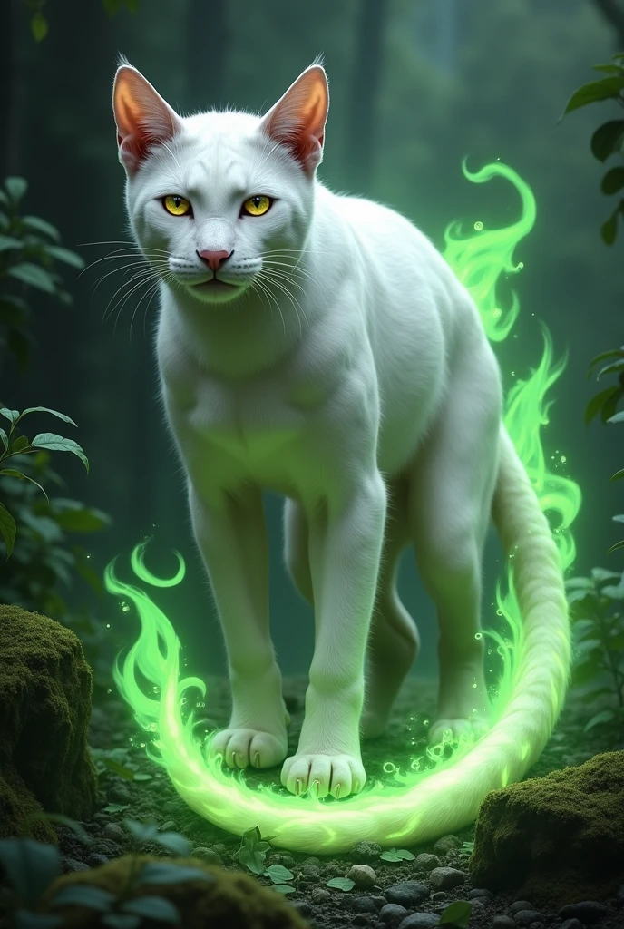 A white fossa, tail is green flames