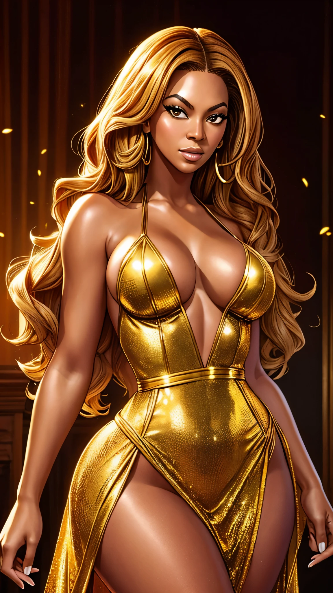 Beyonce Knowles posing for playboy, short golden dress that seems to flow like honey, dark skin