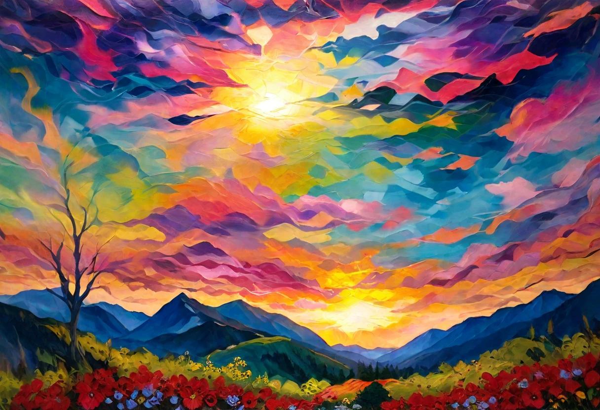 a painting of a colorful landscape with a tree and mountains, colorful landscape painting, psychedelic landscape, vibrant oil painting, vivid abstract landscape, color field painting. 8k, extraordinary colorful landscape, detailed impasto, colorful oil painting, psychedelic sky, mountains and colorful sunset!!, painted landscape, colorful sky, mythical floral hills, sunset psychedelic, colorful sunset, large colorful images