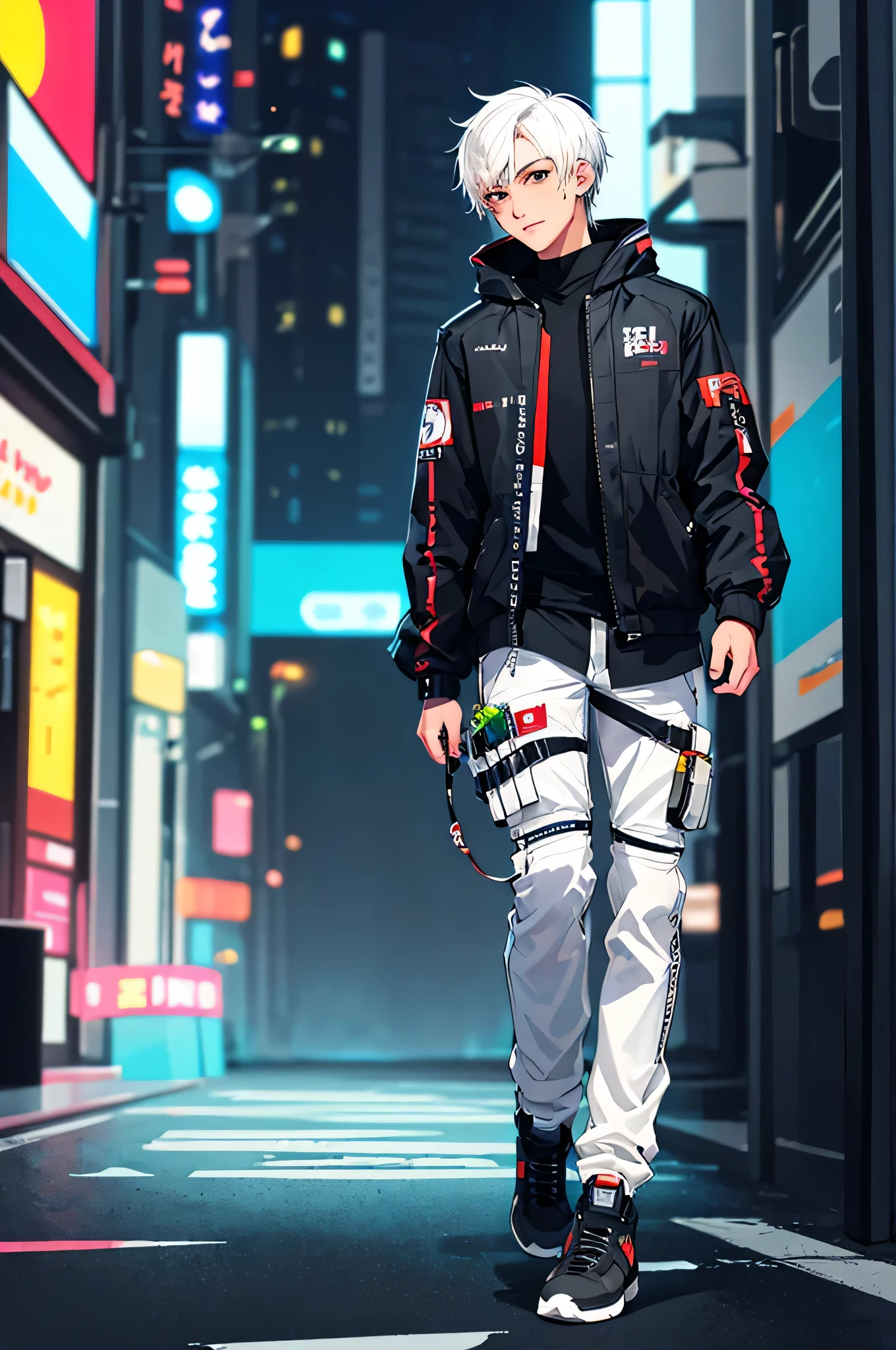((masterpiece)), (((best quality))), chromatic lighting,
colorized, white + black limited color palette, 
detailed concept drawing, no weird object on his face, cyberpunk, futuristic, combat pants,
portrait, 25yo 1guy, slender, Shibuya street fashion, short white hair, black eyes, full body(head to toe)