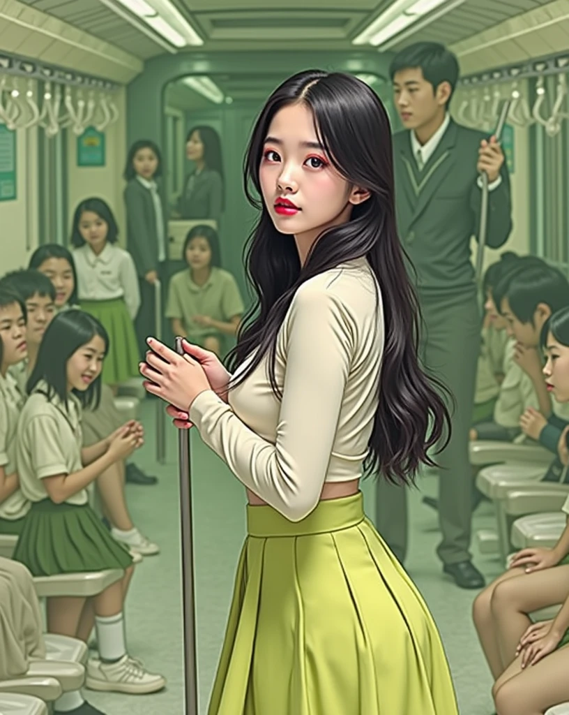 masterpiece, best quality, (Practical), high quality, 4K, (masterpiece:1.2), (best quality:1.2), (Realistic photos:1.2), 8k, movie poster photo, Intricate details,
A young Korean woman in classroom clothes stands，Full body portrait， She was wearing a acmmsayarma outfit, white top sleeve and green acmmsayarma fit skirt,thin and fit dress,Pair with matching green skirt and black heels. Her black hair was neatly parted，Draped over the shoulders.  The subway car around her is filled with young school boys, Super tight hip-hugging green skirt, long skirt with hips，Sweat like a pig，Wet clothes，Soaked whole body，Sexy hot body，
(( 3/4 Body : 1.2 )) (( Large Breasts )) , (( cleveage ))
(((( 5+ old man )) Stand around
 (((Grab someone else's ass, 2 students boys, from the side, netorare, miniskirt, classroom female staff,, masterpiece, best quality, Very detailed,)))
 (masterpiece,best quality:1.5)，detailed person、Delicate face、Detailed background、 from the side、 Dramatic cosmetic、cosmetic、Pinky pink lipstick、Eye Makeup、mascara、Eyeliner、Eyeshadow、Rainbow colored contact lenses、((Tight shirt and long acmmsayarma green skirt、woman with charming smile)), Blurred background、short hair, Delicate face, high quality, high resolution、