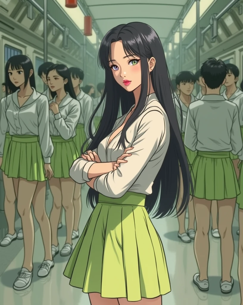 masterpiece, best quality, (Practical), high quality, 4K, (masterpiece:1.2), (best quality:1.2), (Realistic photos:1.2), 8k, movie poster photo, Intricate details,
A young Korean woman in classroom clothes stands，Full body portrait， She was wearing a acmmsayarma outfit, white top sleeve and green acmmsayarma fit skirt,thin and fit dress,Pair with matching green skirt and black heels. Her black hair was neatly parted，Draped over the shoulders.  The subway car around her is filled with young school boys, Super tight hip-hugging green skirt, long skirt with hips，Sweat like a pig，Wet clothes，Soaked whole body，Sexy hot body，
(( 3/4 Body : 1.2 )) (( Large Breasts )) , (( cleveage ))
(((( 5+ old man )) Stand around
 (((Grab someone else's ass, 2 students boys, from the side, netorare, miniskirt, classroom female staff,, masterpiece, best quality, Very detailed,)))
 (masterpiece,best quality:1.5)，detailed person、Delicate face、Detailed background、 from the side、 Dramatic cosmetic、cosmetic、Pinky pink lipstick、Eye Makeup、mascara、Eyeliner、Eyeshadow、Rainbow colored contact lenses、((Tight shirt and long acmmsayarma green skirt、woman with charming smile)), Blurred background、short hair, Delicate face, high quality, high resolution、
