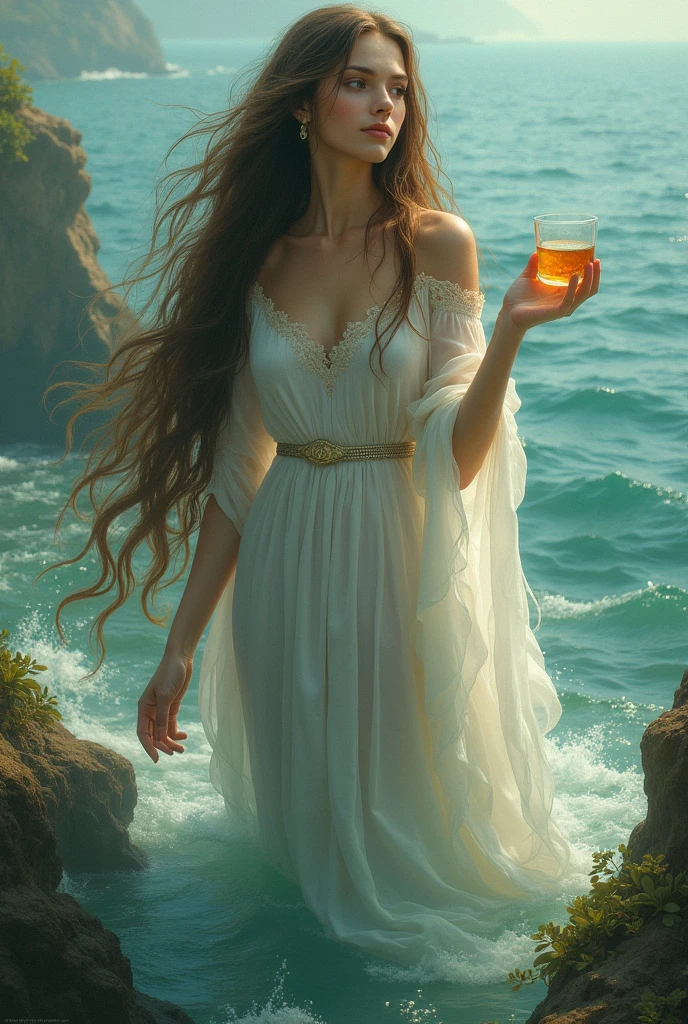 Gaia, a long-haired female deity who lives with nature, the world and the land, wearing a white dress, only half of her body is exposed from the sea, holding a glass of liquor in her right hand.
