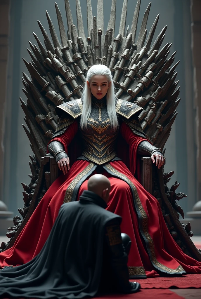 a white-haired, defined-faced middle-aged queen in red and black armor sitting on the iron throne and a middle-aged king kneeling