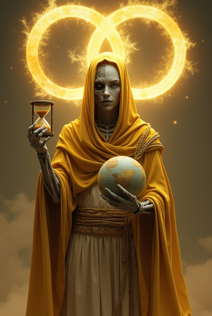 Holy death with half of the face in white skin and has its eye closed, The other half of the face is completely fleshless. , Holding an hourglass in his left hand, In his right hand he holds a sphere that represents the world, with golden cloak, tunica, Color, Gold and white, behind her, the infinity symbol, de Color amarillo y dorado.