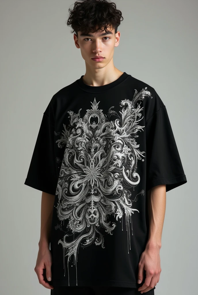 Fully facing the viewer is a fashion editorial style boy wearing an oversized black t-shirt with intricate baroque patterns intertwined with modern graffiti, a mix of Amiri’s edgy style and NoirÉclat’s elegance. High fashion, streetwear, 3D oversized t-shirt mockup.