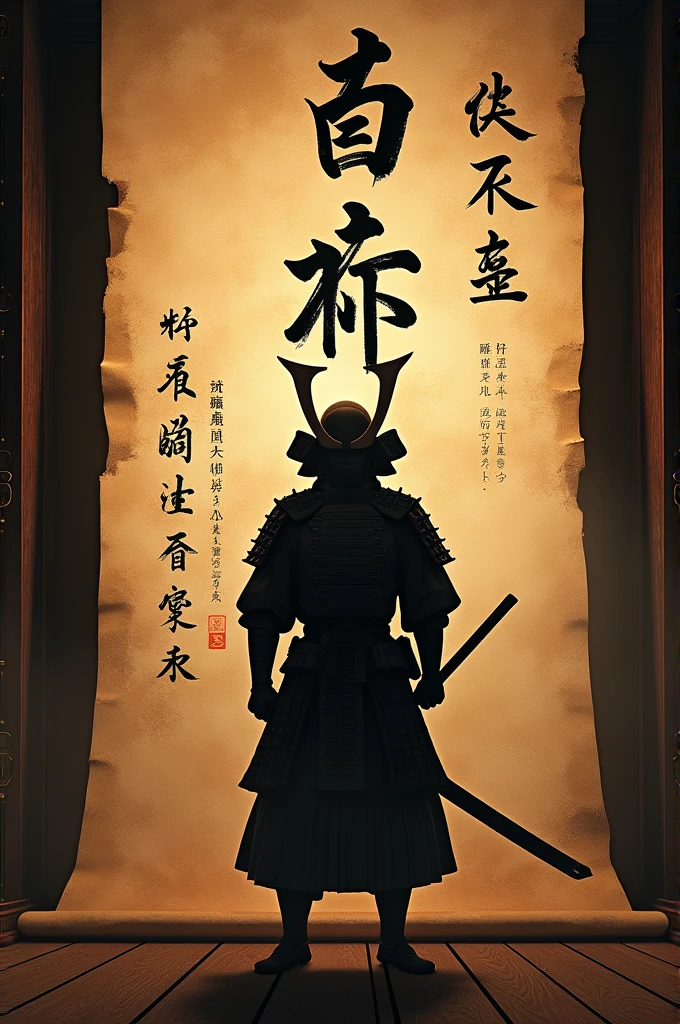 A symbolic image of a samurai’s shadow cast over a scroll with the Bushido code written in kanji, realistic, high-resolution, cinematic with a touch of mystique.
