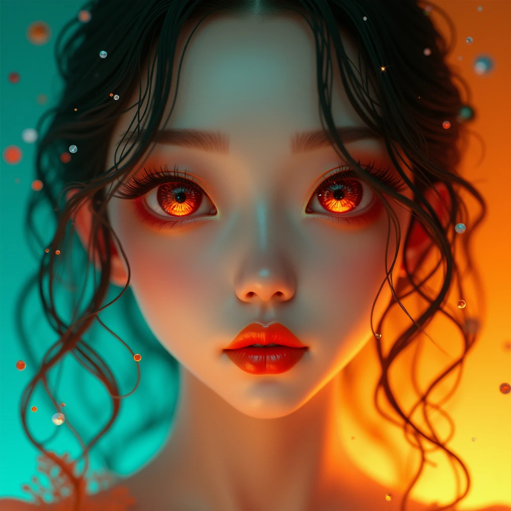 A 3D render of a Korean woman with striking features. She has vibrant orange and red eyeshadow that matches the fiery hues of her lips. Her eyelashes are long and curly, and her skin appears smooth with a subtle glow. The background is a blend of teal and yellow, adding to the overall warm and intense ambiance of the artwork.