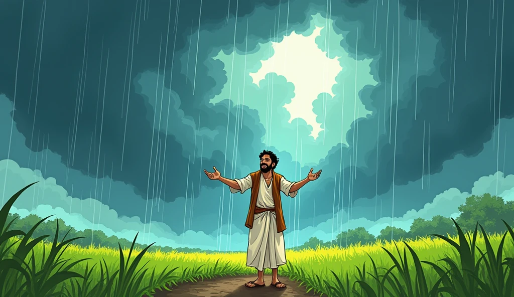. A Sudden Rain Over Dhruv’s Field
Description: A comic-style image where dark clouds have gathered over Dhruv’s field, and it begins to rain. Dhruv stands in the middle of his field, looking up with a serene smile. His white dhoti and brown kurta are getting drenched as he holds out his hands to feel the rain