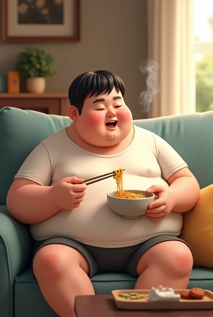 A fair chubby men with down straight hair wearing tshirt and shorts sitting on sofa and eating noodles