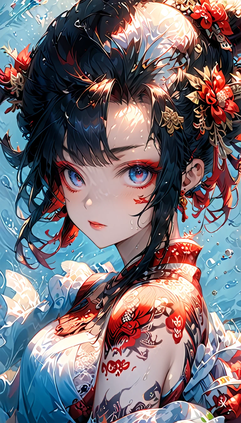 ,Ink painting, (((1 girl )), (((Tattoo in the middle of the forehead))), (((Oiran))), (((Great hair accessories))), Demon possession, , (((Masterpiece、Highest image quality、Highest quality、Extremely detailed unit 8kWall paper))), ((Illustration of one girl、Upper body covered))、(((beautiful girl))), girl swimming underwater, Very detailed presentation style, It shines, Red Rose, light blue, brushwork, Ultra Realistic Oil Painting, Bright eyes, Head up close, Exaggerated perspective, Tyndall effect, drop of water, rainbow pearl, 3d white, black background,