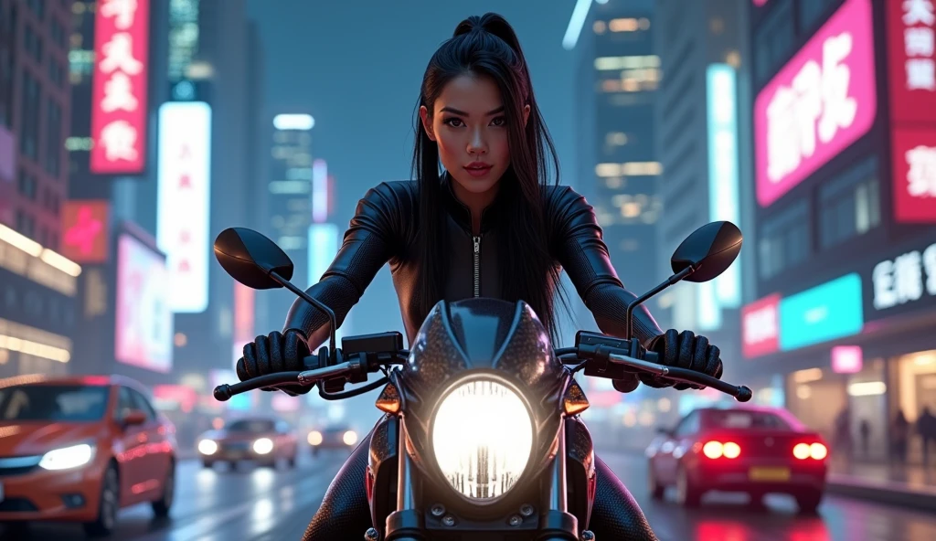ultra realistic, photographym (masterpiece), (best quality), extremely delicate and beautiful, long black straight hair, elegant hair, (30 years old, hazel eyes, hourglass figure, perfect fit body, natural big breasts), ((perfect female figure)), rider girl, bodysuit, twintails, cyberpunk city background, helmet, riding a futuristic motorbike, european woman, she is driving fast in tight traffic, action shot, cinematic shot
