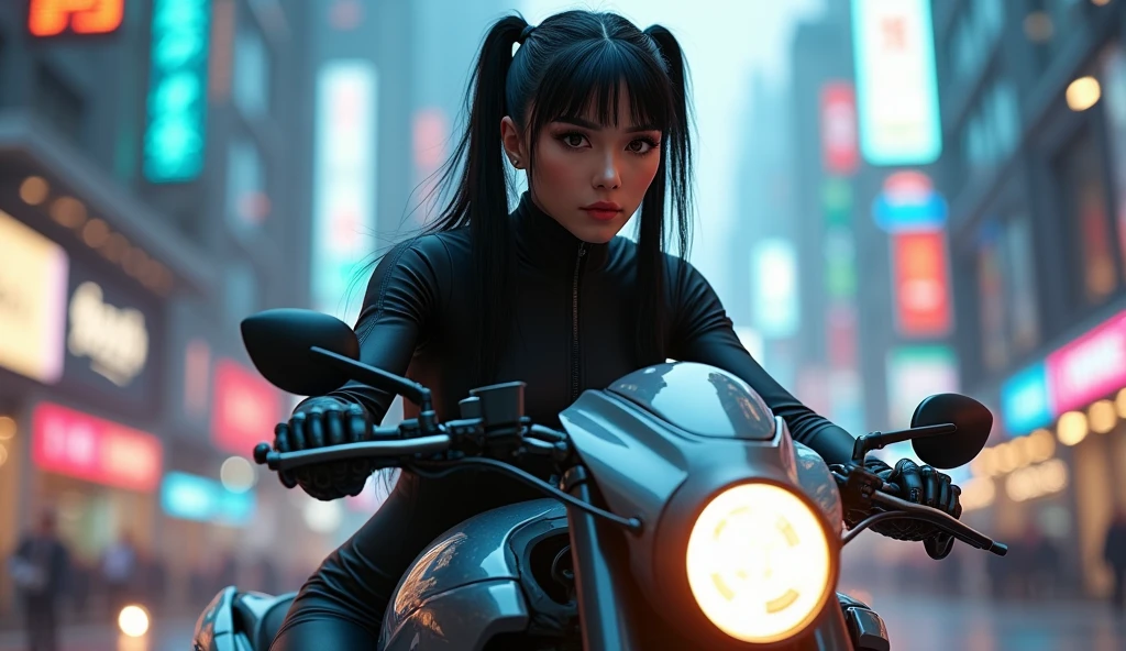 ultra realistic, photographym (masterpiece), (best quality), extremely delicate and beautiful, long black straight hair, elegant hair, (30 years old, hazel eyes, hourglass figure, perfect fit body, natural big breasts), ((perfect female figure)), rider girl, bodysuit, twintails, cyberpunk city background, helmet, riding a futuristic motorbike, european woman, she is driving fast in tight traffic, action shot, cinematic shot