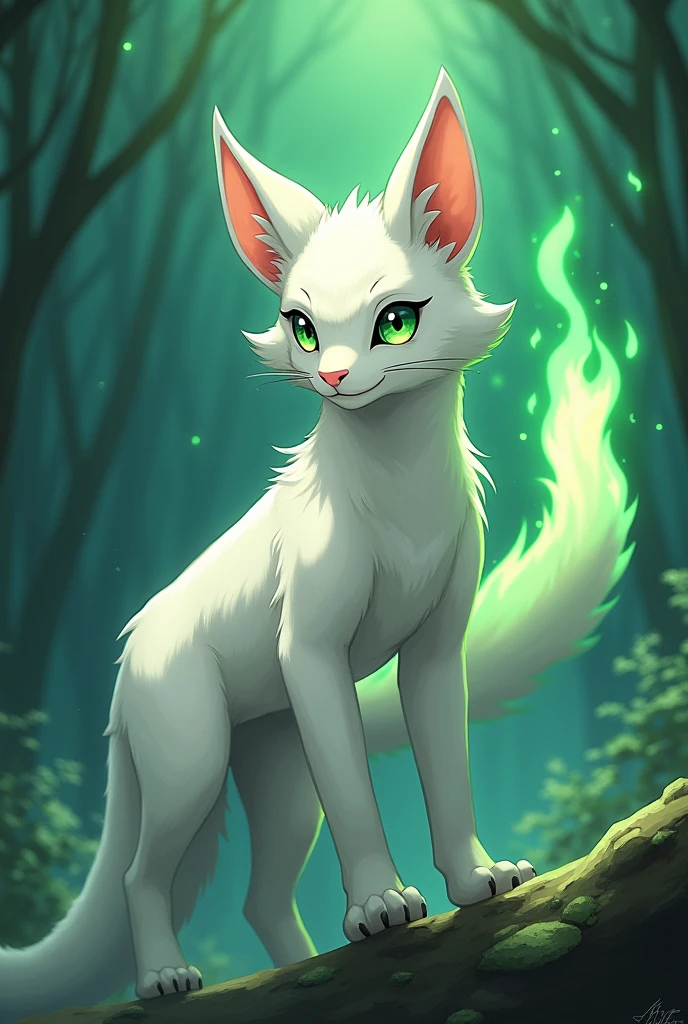 A white fossa, tip of tail is green flames, anime style