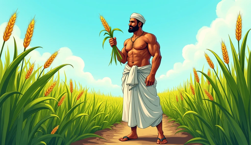 Dhruv’s Healthy Crops After the Rain
Description: In a comic style, Dhruv is standing in his field, now lush and green after the rains. He’s holding a healthy stalk of wheat, looking proud and content. He’s still dressed in his white dhoti and brown kurta, which are now clean and bright under the sunlight.