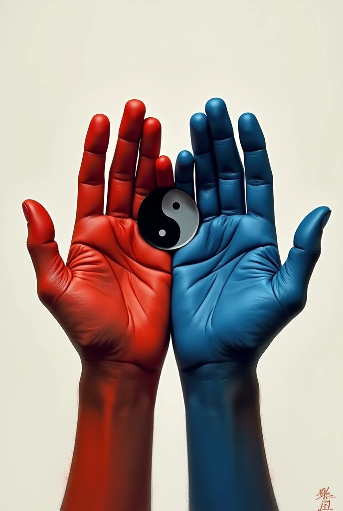 Hands painted and shaking, one in red and the other in blue with the yin and yang symbol