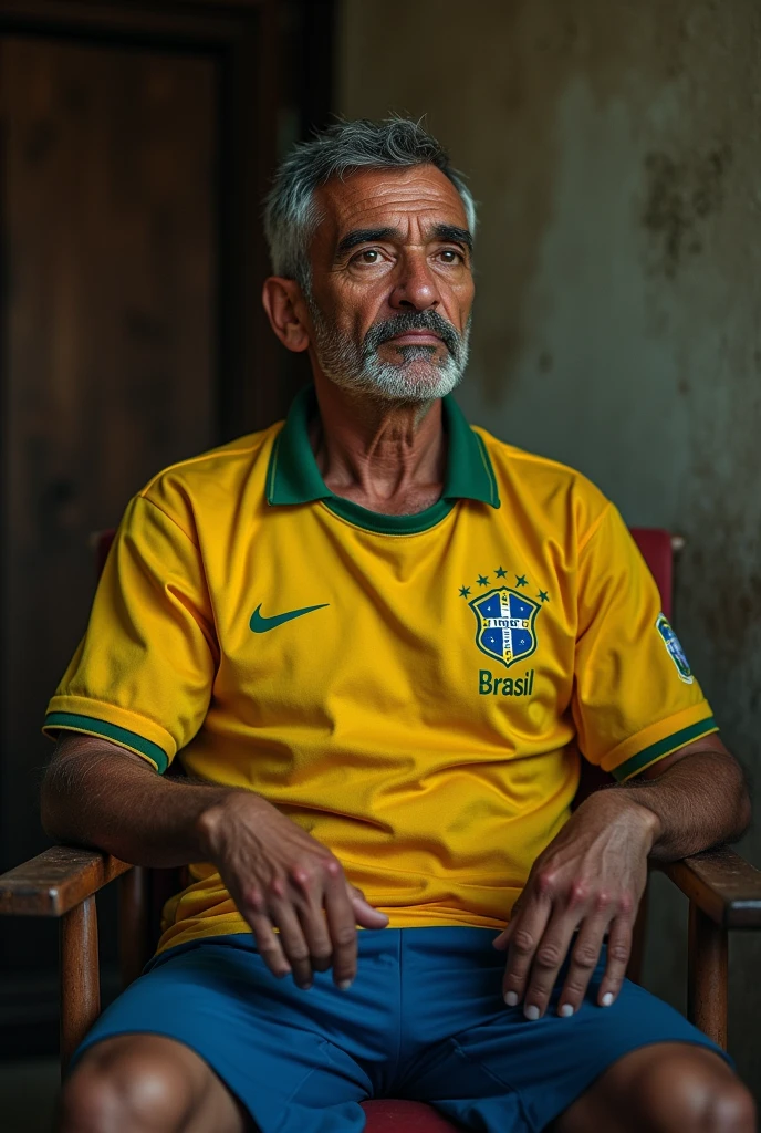 take a picture of a Brazilian soccer player sitting on a chair telling a story for the image