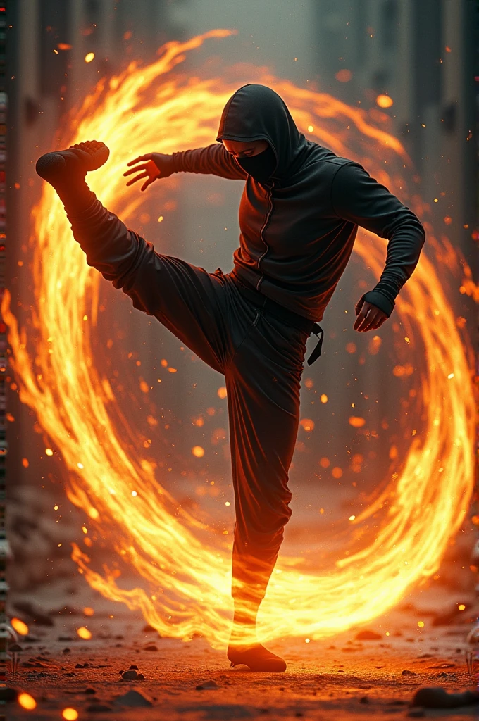 a ninja,with fire powers,giving a spinning kick.