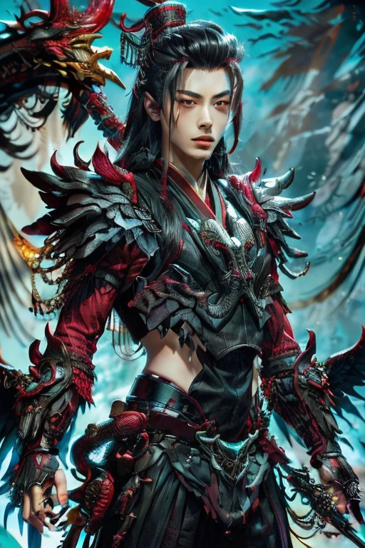  Handsome young xianxia protagonist,man,guy,long black obsidian hair, use floating phoenix crown,Crimson red  eyes  ,eyes focus detailed((no noice)),(((no noice))),and long black hair ,(no noice)),use armour featuring like pattern on taotie chinese divine beast((search image for taotie chinese beastiary))with black dominant color,pauldron protective shape like dragon head,breastplate featuring like Tao tie,breastplate detailed featuring taotie shape,shoulder protective dragon shape like taotie,sun and moon  background, black dominant color,black  dominant color, black dominant color armour,with majestic silver line , ((no noice))And demonic red wings at back,wings at back,terrifying aura around,24K ultra hd,face and eyes detail,lips and face detail,masterpiece ,better quality,ultraa realistic face((no noice)),good face proportion,non noice face,reality face,eyes detailed,((perfect face)),perfect eyes ,perfect lips proportion((balance lips)),perfect face proportion,((balance proportion of face)),((balance and perfect left and right eyes proportion)),((masterpiece))