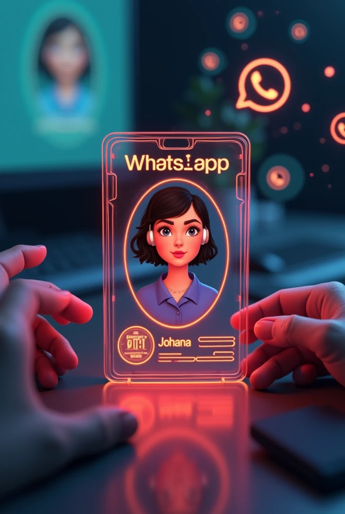 Create a glass id card of a WhatsApp profile placed on a black desk, at the top the phrase in Portuguese "FAST AND EASY" that shows the large WhatsApp logo, create a 3D illustration of a latina woman with short hair, You must wear a blue blouse and a white headset. The photo of the girl in a circle with the name of the social network user WhatsApp Johana in black below the profile photo and written message bubbles, WhatsApp card glows red and yellow on the edge. In one corner is the one held with two fingers.