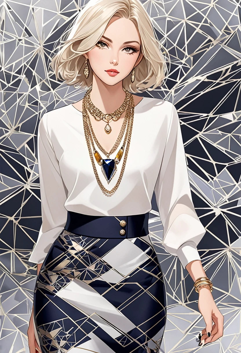 make up, mascara, to clean, sharp designs, fluid silhouettes, tight shirt, ((high waist pencil skirts)), simple blouse with buttons, Asymmetric, Geometric, Elegant, luxurious materials and designs, Simpler, minimal accessories, Fine silver or gold necklaces and rings, Simpler bangles, Differentiated designs, silhuetas Simpler, Deep V, neckleace, neckleace, redgown, platinum blonde, chic and mature print, estilo Simpler e sofisticado, elegance, minimalism, high quality materials, cool and urban print, high-fashion, breasts big, Agile, simplicity and sophistication,