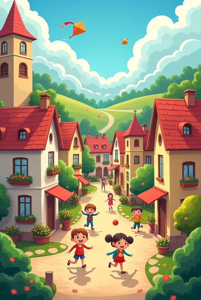A picturesque village with children playing 2d cartoon in 16:9 ratio size
