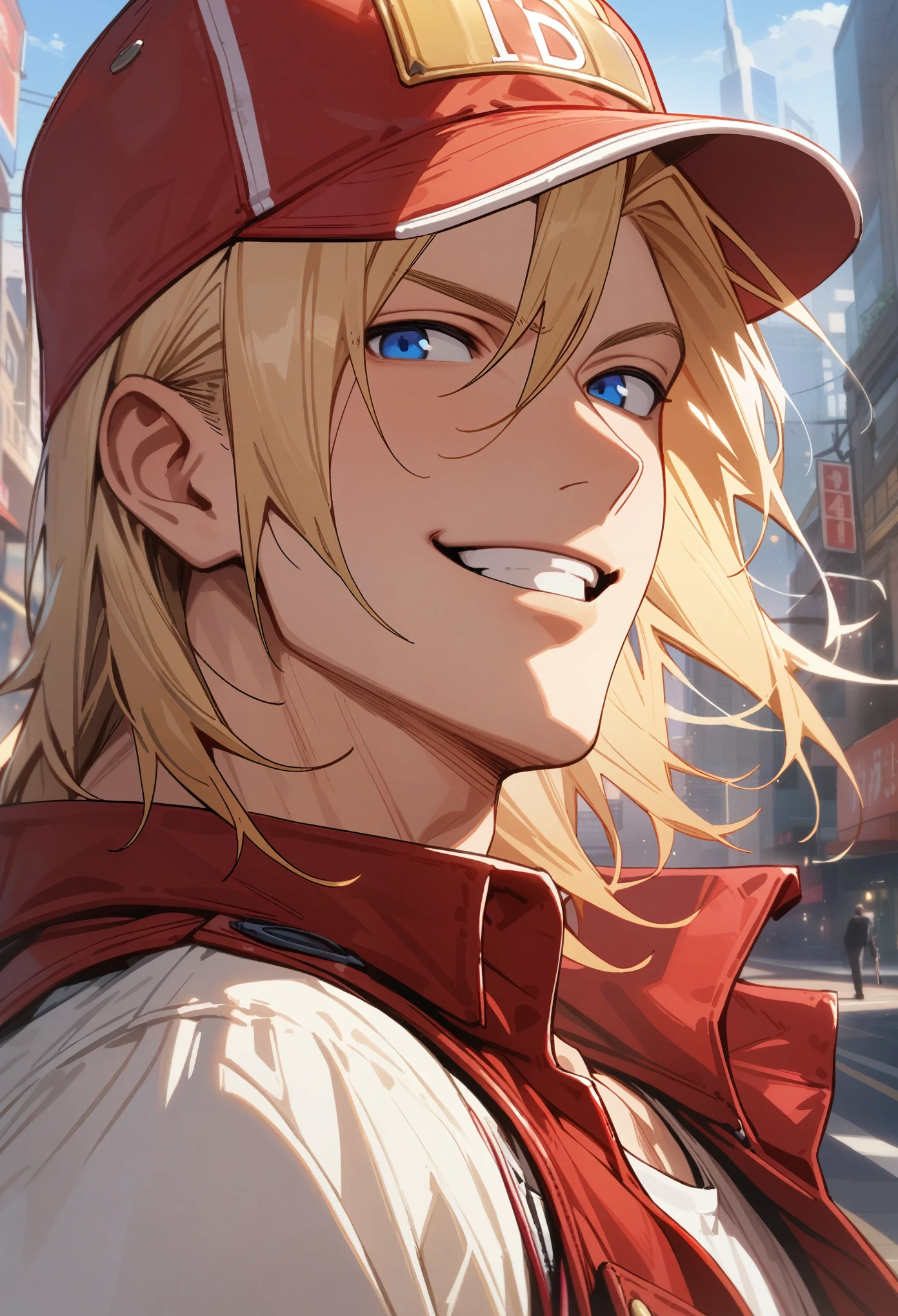 terry bogard, 1boy, male, handsome, no sleeves, sleeveless, close up, blue eyes, blonde, baseball cap, white shirt, red jacket, smiling, masterpiece, high quality, high details, hd, city background