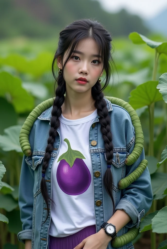 Beautiful Korean girl, smooth white skin, well-groomed face, long black braided hair, posing in a very fertile and beautiful eggplant field, large green caterpillars attached to her body, the texture of the caterpillar looks authentic,  
purple jeans jacket, white t-shirt with purple eggplant motif, cool watch,