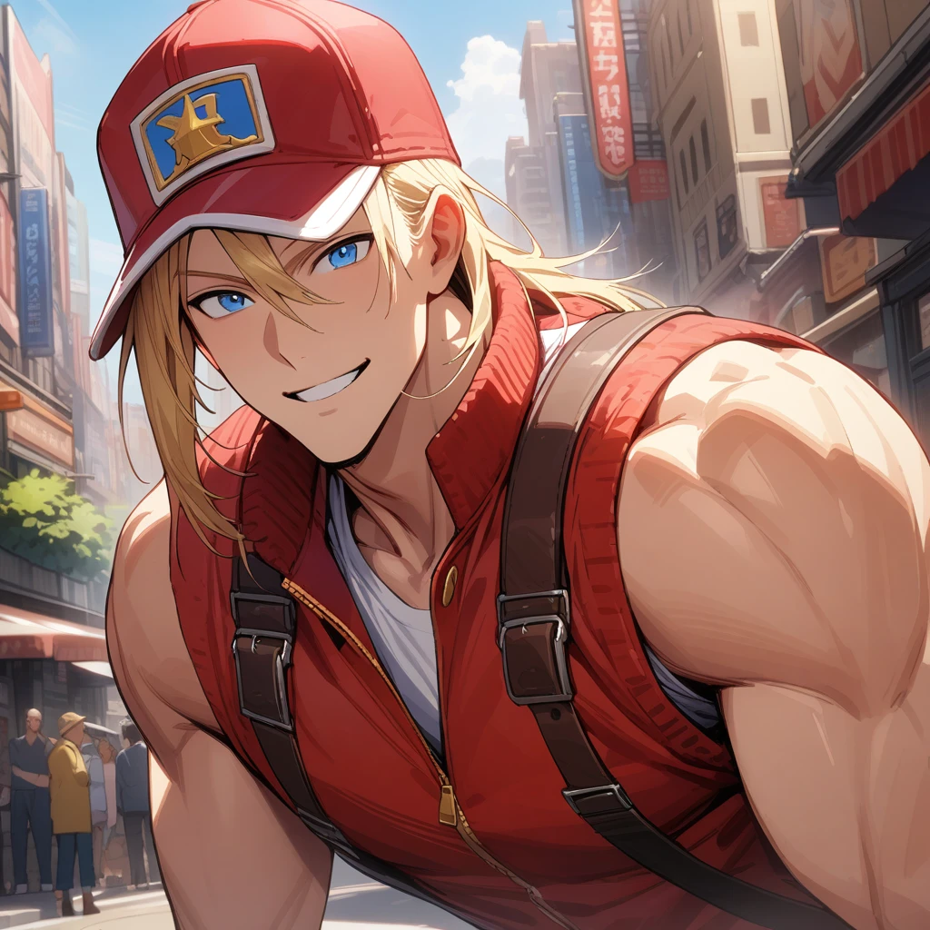 terry bogard, 1boy, male, handsome, no sleeves, sleeveless, blue eyes, blonde, baseball cap, white shirt, red jacket, smiling, masterpiece, high quality, high details, hd, city background