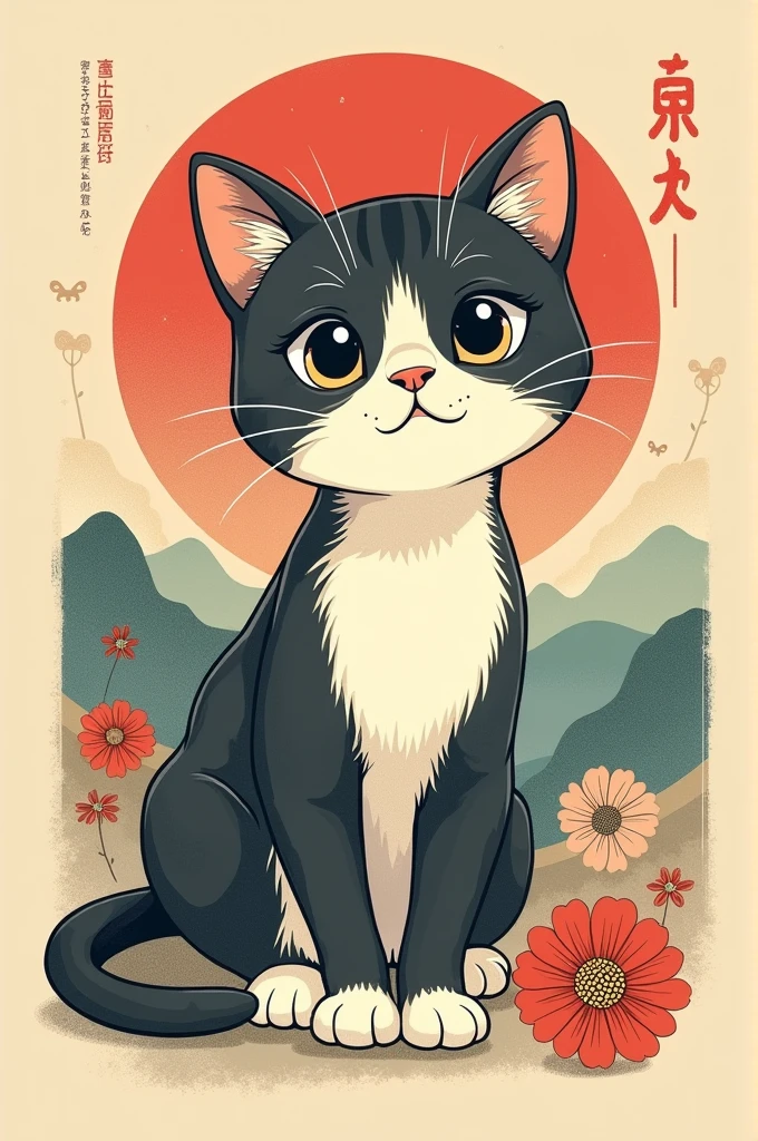 retro japanese cat illustration for t-shirt